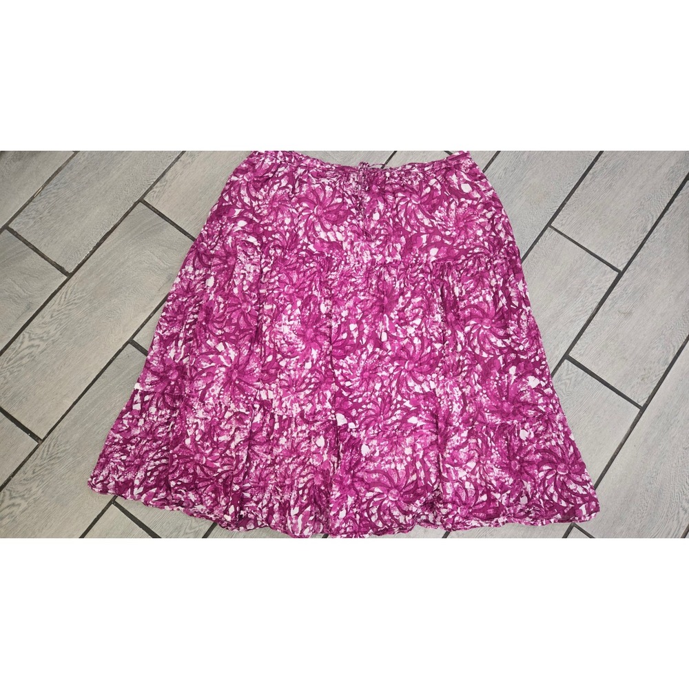 Purple White Floral Batik Tiered Cotton Midi Skirt Elastic Waist L